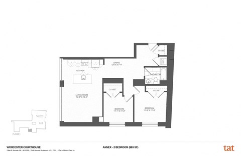Floor plan for 2 beds, 1 bath, 1133 sqft